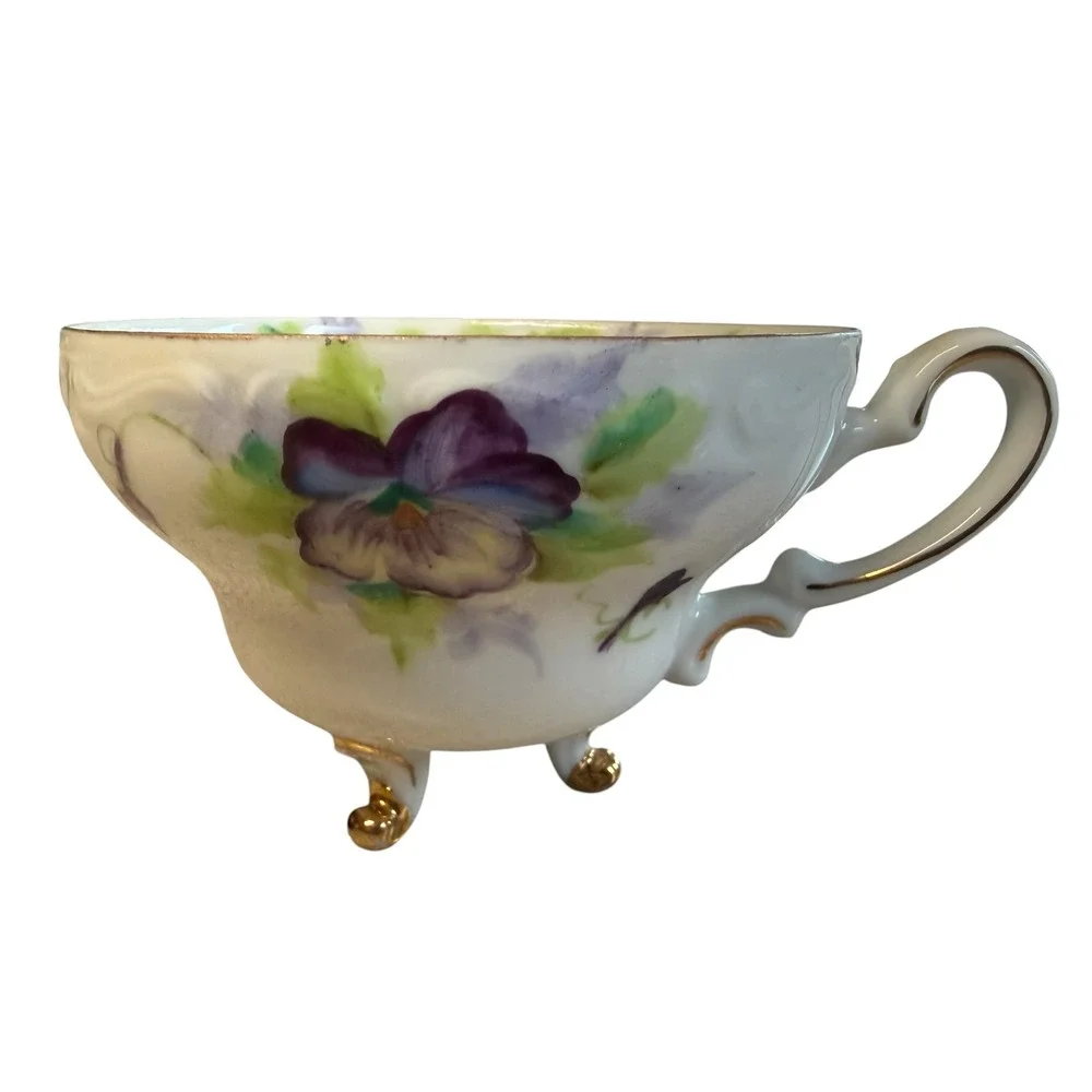 Princess China Occupied Japan Tripod Footed Teacup Saucer Hand Painted Pansy